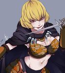  1girl armor blonde_hair breasts chokominto cleavage clementine_(overlord) female from_above hair_between_eyes highres large_breasts looking_at_viewer midriff navel overlord_(maruyama) red_eyes short_hair smile solo sword tongue tongue_out upper_body weapon 