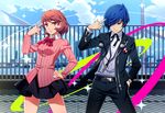  1girl blue_eyes blue_hair brown_eyes brown_hair cardigan choker commentary_request dancing digital_media_player finger_to_head gekkoukan_high_school_uniform hair_over_one_eye hand_in_pocket hand_on_hip headphones headphones_removed nyoro_(nyoronyoro000) persona persona_3 persona_3:_dancing_moon_night persona_dancing rooftop school_uniform skirt takeba_yukari wind_turbine windmill yuuki_makoto 