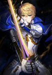  armor arthur_pendragon_(fate) blonde_hair breastplate cape excalibur_(fate/prototype) fate/prototype fate_(series) fur_trim gauntlets gijang glowing gorget green_eyes highres holding holding_sword holding_weapon male_focus smile solo standing sword weapon 