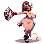  1girl animal_ears bikini blush breasts brown_eyes brown_hair cleavage cow_bell cow_ears cow_horns cow_print cow_tail curvy fatal_fury fingerless_gloves full_body hips huge_breasts king_of_fighters legs long_hair looking_at_viewer navel one_eye_closed open_mouth ponytail riendonut shiranui_mai smile snk snk_heroines:_tag_team_frenzy solo standing swimsuit tail thick_thighs wide_hips 