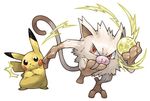  closed_mouth commentary_request crossed_arms electricity frown gen_1_pokemon half-closed_eye holding mankey no_humans pearl7 pikachu pokemon pokemon_(creature) simple_background sparks white_background 