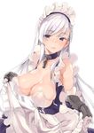  apron apron_lift azur_lane bangs bare_shoulders belfast_(azur_lane) blue_dress blue_eyes braid breasts chain cleavage collar collarbone commentary_request corset dress eyebrows_visible_through_hair french_braid frilled_apron frills gauntlets gloves highres large_breasts long_hair looking_at_viewer looking_to_the_side maid maid_apron maid_headdress open_mouth shiny shiny_hair shiny_skin silver_hair simple_background smile solo thomasz white_apron white_background white_gloves 