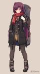  1girl alternate_costume bag black_coat black_footwear black_jacket blazer blush boots brown_background brown_legwear buttons casual closed_mouth coat enpera floral_print fringe_trim full_body girls_frontline gloves hair_ornament hand_in_pocket hand_up highres jacket legs_apart long_coat long_hair long_sleeves looking_at_viewer manme miniskirt one_side_up open_clothes open_coat pantyhose pleated_skirt purple_hair red_eyes red_scarf scarf shirt sidelocks simple_background skirt solo standing strap twitter_username undershirt very_long_hair wa2000_(girls_frontline) white_gloves white_shirt winter_clothes yellow_skirt 