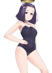  30-06 black_swimsuit competition_school_swimsuit covered_navel cowboy_shot hair_intakes hand_on_hip highres kantai_collection looking_at_viewer mechanical_halo one-piece_swimsuit purple_eyes purple_hair school_swimsuit short_hair simple_background smile solo swimsuit tatsuta_(kantai_collection) white_background 