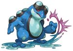  full_body gen_5_pokemon legs_apart no_humans parted_lips pearl7 pokemon pokemon_(creature) seismitoad simple_background solo standing water white_background 