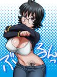  1girl black-framed_eyewear black_hair breasts cleavage clothes_lift collarbone female glasses gold_chain highres hoimin_(anchangdeath) hunter_x_hunter large_breasts looking_at_viewer midriff purple_eyes shizuku_(hunter_x_hunter) short_hair solo spider sports_bra sweater sweater_lift tattoo 