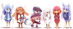  6+girls :d :o absurdres ai_(idaten93) akaneko_(idaten93) animal_ears arms_behind_back bandana bangs barefoot blue_eyes blue_footwear blue_hair blue_hoodie blue_shirt blue_skirt boots brown_hair brown_hoodie closed_mouth commentary_request crystal detached_sleeves dress eyebrows_visible_through_hair facial_mark fang floating fox_ears gradient_hair hair_between_eyes hair_over_one_eye head_tilt heterochromia highres hood hood_down hoodie hug idaten93 jumping laila_a._sparrow long_hair long_sleeves multicolored_hair multiple_girls o_o off_shoulder open_mouth original oversized_clothes oversized_shirt own_hands_together palms_together parted_lips pink_hair pleated_skirt purple_eyes purple_footwear purple_hair red_eyes red_skirt rom_(idaten93) rura_(idaten93) ruua_(idaten93) sandals shirt sidelocks silver_hair skirt sleeves_past_fingers sleeves_past_wrists smile standing till_(idaten93) translation_request very_long_hair white_background white_dress white_shirt 
