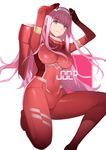  absurdres aqua_eyes arms_up bangs blush bodysuit breasts character_name closed_mouth commentary covered_navel darling_in_the_franxx eyebrows_visible_through_hair hairband hands_on_own_head highres horns light_smile long_hair looking_at_viewer medium_breasts one_knee pilot_suit pink_hair red_bodysuit shiny shiny_clothes shiny_hair shiny_skin skin_tight smile solo white_background white_hairband yykuaixian zero_two_(darling_in_the_franxx) 