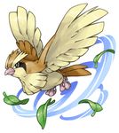  flying full_body gen_1_pokemon leaf looking_at_viewer no_humans pearl7 pidgey pokemon pokemon_(creature) simple_background solo spread_wings white_background 