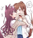  animal_ears bangs blue_eyes blush brown_hair cat_ears collar dog_ears earrings eyebrows_visible_through_hair fang hitsuji_nata ichinose_shiki idolmaster idolmaster_cinderella_girls jewelry long_hair multiple_girls nitta_minami open_mouth purple_hair speech_bubble sweatdrop wavy_hair white_background 