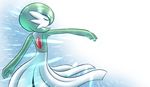  1girl arm_up blue_background eyes_closed female from_behind gardevoir gradient gradient_background green_hair hair_over_one_eye highres laranthrod no_humans outstretched_arm pokemon pokemon_(creature) pokemon_rse short_hair simple_background solo standing white_background 