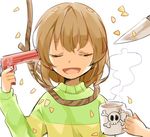  brown_hair chara_(undertale) closed_eyes commentary_request cup gun gun_to_head knife misha_(hoongju) mug noose open_mouth petals poison smile striped suicide undertale weapon 
