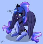  ! 2017 blue_background blush clothing cosmic_hair crown cute cutie_mark dialogue english_text equine eyebrows eyelashes feathered_wings feathers female friendship_is_magic full-length_portrait hi_res horn legwear makeup mammal mascara mostly_nude my_little_pony one_eye_closed portrait princess_luna_(mlp) shadow signature simple_background sitting solo sparkles stockings teal_eyes text tongue tongue_out trentgt winged_unicorn wings 
