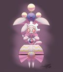  1girl :3 arm_up artist_name dated female full_body gradient gradient_background happy highres jumpluff laranthrod looking_at_viewer looking_up magearna no_humans open_mouth pink_background pink_eyes pokemon pokemon_(creature) pokemon_gsc pokemon_xy purple_background red_eyes red_sclera robot simple_background smile standing text 