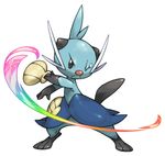  black_eyes closed_mouth colorful commentary_request dewott frown full_body gen_5_pokemon legs_apart looking_at_viewer no_humans one_eye_closed pearl7 pokemon pokemon_(creature) rainbow_gradient simple_background solo standing tears white_background 