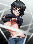  1girl black-framed_eyewear black_hair breasts cleavage clothes_lift collarbone female glasses gold_chain highres hoimin_(anchangdeath) hunter_x_hunter large_breasts light_rays looking_at_viewer midriff nipples purple_eyes shizuku_(hunter_x_hunter) short_hair solo spider sweater sweater_lift tattoo 