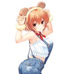  :o animal_ears arms_up ass blush brown_hair denim eyebrows_visible_through_hair fake_animal_ears holding_ears horns looking_at_viewer ohara_tometa overalls red_eyes sheep_ears sheep_horns solo suspenders transparent_background 