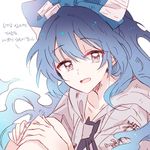  blue_hair bow commentary_request debt hair_bow hood hoodie korean long_hair open_mouth six_(fnrptal1010) smile solo stuffed_animal stuffed_cat stuffed_toy touhou translated very_long_hair yorigami_shion 
