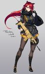  2018 animal_ears aqua_eyes artist_name assault_rifle bangs black_gloves black_legwear boots breasts cat_ears dated earpiece extra_ears finger_on_trigger fingerless_gloves fn_scar full_body fur_trim girls_frontline gloves grey_background gun highres holding holding_gun holding_weapon holster large_breasts lips long_hair looking_at_viewer pandea_work pantyhose pointy_ears red_hair rifle scar simple_background skirt smile solo standing thigh_holster thigh_strap weapon 