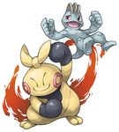  commentary_request fire gen_1_pokemon gen_3_pokemon hand_up looking_at_viewer machop makuhita no_humans open_mouth pearl7 pokemon pokemon_(creature) red_eyes simple_background smile standing white_background 