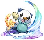  arms_up black_eyes commentary_request fang fins fire full_body gen_5_pokemon looking_at_viewer no_humans open_mouth oshawott pearl7 pokemon pokemon_(creature) rainbow seashell shell simple_background smile solo standing water white_background 