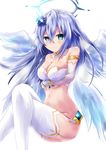  absurdres angel_wings armlet bare_shoulders black_heart blue_eyes blue_hair blush breasts circlet cleavage commentary_request detached_collar elbow_gloves flower four_goddesses_online:_cyber_dimension_neptune garter_straps gloves hair_between_eyes hair_flower hair_ornament halo highres long_hair looking_at_viewer medium_breasts navel neptune_(series) niche-tan solo symbol-shaped_pupils thighhighs white_gloves wings 