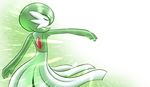  1girl arm_up eyes_closed female from_behind gardevoir gradient gradient_background green_background green_hair hair_over_one_eye highres laranthrod no_humans outstretched_arm pokemon pokemon_(creature) pokemon_rse short_hair simple_background solo standing white_background 