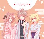  1girl 2boys ahoge animal_ears astolfo_(fate) bangs black_kimono black_ribbon blonde_hair blush braid brown_hair cat_ears coat dog_ears eyebrows_visible_through_hair fang fate/apocrypha fate_(series) fokwolf grey_coat hair_ornament hair_ribbon hand_on_own_neck hands_on_another&#039;s_shoulder happy_new_year highres japanese_clothes jeanne_d&#039;arc_(fate) jeanne_d&#039;arc_(fate)_(all) kimono long_braid long_hair looking_at_viewer male_focus multicolored_hair multiple_boys multiple_girls new_year one_eye_closed open_clothes open_coat pink_eyes pink_hair pink_kimono purple_eyes red_eyes ribbon ruler_(fate/apocrypha) scarf short_hair sieg_(fate/apocrypha) single_braid striped_scarf trap two-tone_hair very_long_hair yukata 