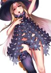  abigail_williams_(fate/grand_order) arm_up bangs black_bow black_hat black_legwear black_panties blonde_hair blush bow brown_eyes commentary_request dutch_angle eyebrows_visible_through_hair fate/grand_order fate_(series) glowing hat keyhole kurosawa_(hjkl42332) long_hair open_mouth orange_bow panties parted_bangs polka_dot polka_dot_bow revealing_clothes simple_background single_thighhigh skull_print solo thighhighs topless underwear upper_teeth very_long_hair white_background witch_hat 