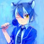  ;) ahoge animal_ears animal_print artist_name blue_flower blue_hair blue_rose closed_mouth collared_shirt extra_ears eyebrows_visible_through_hair flower hair_between_eyes hanada_(cobalt003) hand_up holding holding_flower jacket kemono_friends looking_at_viewer maltese_tiger_(kemono_friends) multicolored_hair necktie one_eye_closed open_clothes open_jacket plaid print_neckwear rose shirt short_hair sleeves_rolled_up smile solo tiger_ears tiger_print upper_body white_hair white_shirt wing_collar yellow_eyes 