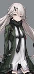  akira_(aristole) armband arms_behind_back bag bands bangs belt black_neckwear black_scarf blush buckle closed_mouth commentary expressionless floating_hair girls_frontline green_jacket hair_between_eyes hair_ornament hairclip holster jacket long_hair long_sleeves looking_at_viewer mg4_(girls_frontline) necktie red_neckwear scarf shirt sidelocks silver_hair solo standing strap thigh_holster thigh_strap thighs twintails very_long_hair weapon_bag white_shirt yellow_eyes 