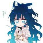  blue_bow blue_eyes blue_hair bow bowl bracelet commentary_request damaged debt hair_bow hood hoodie jewelry long_hair six_(fnrptal1010) solo stuffed_animal stuffed_cat stuffed_toy touhou translation_request yorigami_shion 