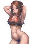  abs alternate_costume armpits arms_behind_head arms_up blue_eyes breasts brown_hair cleavage collarbone commentary_request fate/grand_order fate_(series) highres large_breasts leonardo_da_vinci_(fate/grand_order) long_hair looking_at_viewer muscle muscular_female navel ranma_(kamenrideroz) simple_background solo thick_thighs thighs 