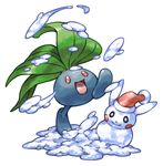  commentary_request full_body gen_1_pokemon hat leaf no_humans oddish open_mouth pearl7 pikachu pokemon pokemon_(creature) red_eyes santa_hat simple_background smile snow snowman solo standing standing_on_one_leg white_background 