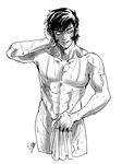  abs areolae arm_behind_head cowboy_shot devilman fudou_akira greyscale leg1228 male_focus monochrome nude scar sideburns simple_background solo toned toned_male towel wet white_background 