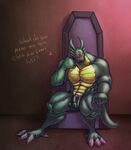  abs angry anthro balls biceps big_muscles chair claws demon dragon english_text flaccid glowing glowing_eyes jackie_chan_adventures looking_at_viewer male muscular nude omegaro pecs penis red_eyes scalie shendu sitting solo text throne 