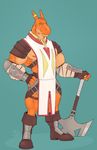  2016 5_fingers anthro armor axe boots clothing dragon footwear kazushifluff male melee_weapon muscular scalie smile solo standing weapon yellow_eyes 