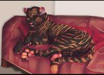  4_toes ambiguous_gender black_sclera digital_media_(artwork) feline feral fur hi_res inside looking_at_viewer lying maid. mammal multicolored_fur on_side pawpads pink_nose pink_pawpads red_eyes smile solo toes two_tone_fur whiskers 