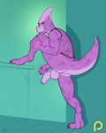  anthro balls bottomless clothed clothing colored_sketch dinosaur fishnet genital_piercing half-erect humanoid_penis looking_at_viewer male nekrall one_leg_raised penis penis_piercing piercing prince_albert_piercing solo spiritraptor uncut vein 