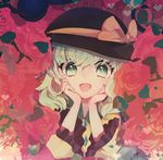  :d bangs black_hat blush bow commentary_request floral_background flower frilled_sleeves frills gem green_eyes green_hair hand_on_own_cheek hands_on_own_face hat hat_bow hat_ribbon heart komeiji_koishi long_sleeves looking_at_viewer multicolored multicolored_eyes open_mouth orange_bow pink_flower ribbon smile solo tareme third_eye touhou tsukikusa upper_body wavy_hair wide_sleeves yellow_bow 