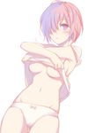  :o ass_visible_through_thighs blush breasts character_print fate/grand_order fate_(series) fou_(fate/grand_order) groin hair_over_one_eye highres looking_at_viewer mash_kyrielight medium_breasts midriff navel no_bra panties parted_lips print_panties purple_eyes purple_hair shirt shirt_lift short_hair solo sweatdrop thigh_gap underboob underwear undressing white_panties white_shirt xion32 