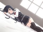  asashio_(kantai_collection) bad_id bad_pixiv_id bangs belt black_hair black_legwear blue_eyes cnm double-breasted dress dutch_angle kantai_collection long_hair long_sleeves looking_at_viewer lying neck_ribbon on_side open_mouth panties pinafore_dress red_neckwear red_ribbon remodel_(kantai_collection) ribbon school_uniform short_dress skindentation solo thighhighs underwear white_panties 