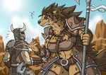  anthro armor axe body_armor brown_eyes chest_tuft claws clothed clothing duo ear_piercing fangs female gnoll grin helmet horn horned_helmet human hyena larger_female male mammal mane melee_weapon navel neck_tuft outside piercing rakkuguy size_difference sky smaller_male smile spots standing teeth tuft unconvincing_armor weapon 