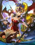  blonde_hair blue_sky breasts bustier closed_mouth dragon emperors_saga fingerless_gloves fingernails flower gloves grass headpiece highres holding holding_weapon large_breasts liduke long_hair looking_at_viewer nail_polish official_art pantyhose polearm poleaxe ponytail red_eyes red_nails shoulder_armor sitting sky soaking_feet solo spaulders spikes waist_cape watermark weapon 