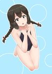  30-06 black_eyes black_hair blue_background braid competition_school_swimsuit flat_chest hair_between_eyes highres isonami_(kantai_collection) kantai_collection long_hair looking_at_viewer one-piece_swimsuit open_mouth school_swimsuit solo swimsuit twin_braids 