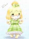  2016 animal_crossing blonde_hair blue_background blush bow breasts clothing dated dress fallinnight female green_bow green_dress grey_sclera hair isabelle_(animal_crossing) kemono nintendo open_mouth short_hair signature simple_background small_breasts solo standing text video_games white_eyes 