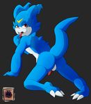  anthro blue_skin butt claws digimon doritomon looking_at_viewer male penis pose presenting raised_tail red_eyes simple_background solo tongue veemon 