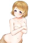  10s 1girl areola_slip areolae artist_request blush breasts brown_hair covering covering_breasts embarrassed koizumi_hanayo love_live! love_live!_school_idol_project medium_breasts navel purple_eyes short_hair simple_background solo standing topless white_background 