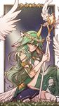  1girl alternate_costume alternate_eye_color alternate_hair_color alternate_hairstyle fluffy_ears gloves green_hair horn league_of_legends long_hair solo soraka staff star_guardian_soraka thighhighs very_long_hair white_gloves white_legwear white_wings wings 