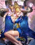  bangs bare_shoulders blonde_hair blue_kimono breasts earrings emperors_saga eyebrows_visible_through_hair hands_up highres hydra japanese_clothes jewelry kimono large_breasts legs_together liduke looking_at_viewer monster necklace no_bra obi official_art pointy_ears red_eyes sash see-through sitting solo thighhighs watermark 